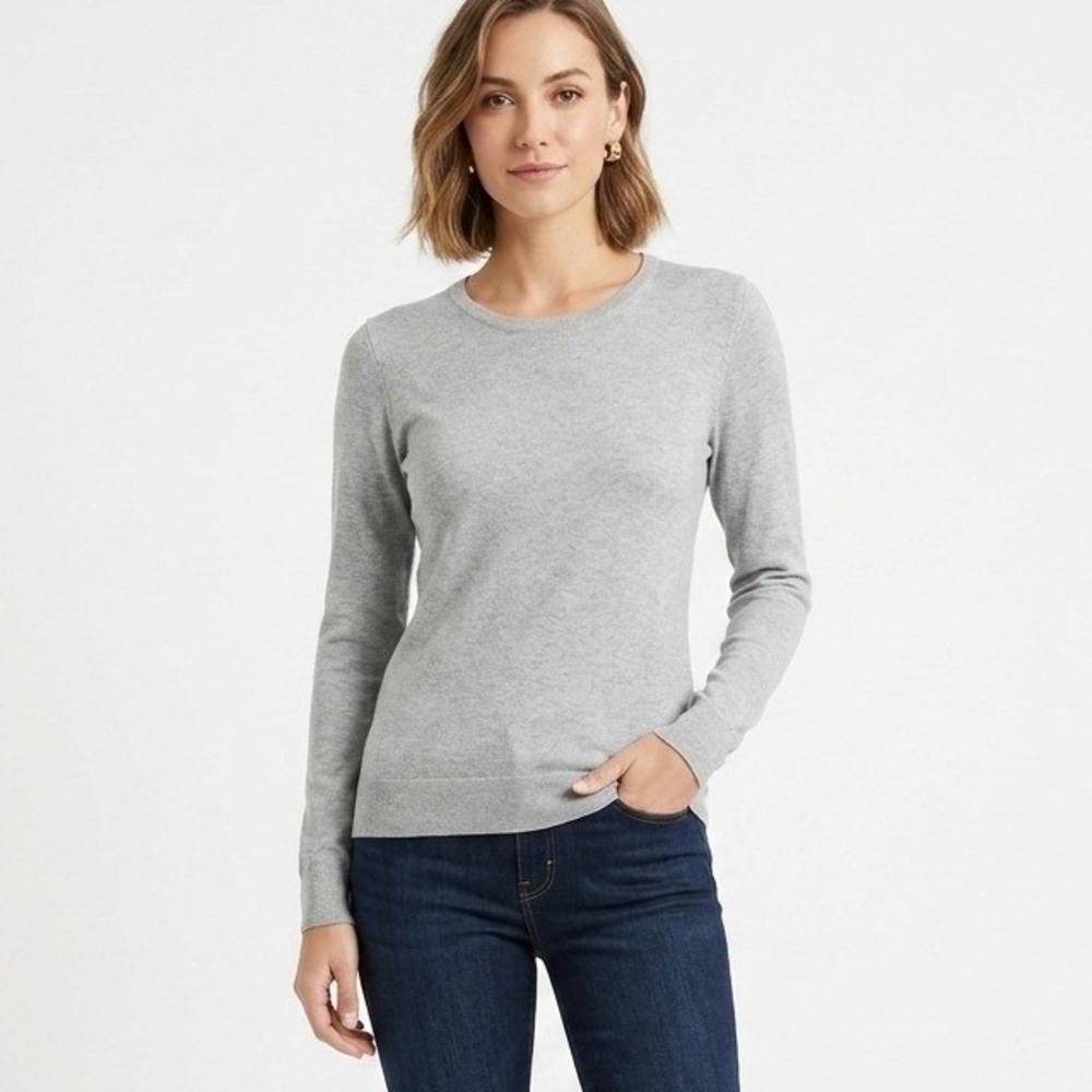 Caroline Grace Sweater Gray Cotton Cashmere Scoop Neck Long Sleeve - Large